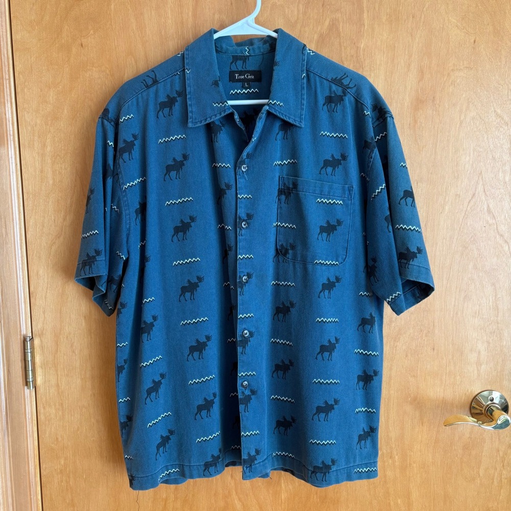 True Grit Moose Print Short Sleeve Button Up Shirt Men's Size L Blue Casual